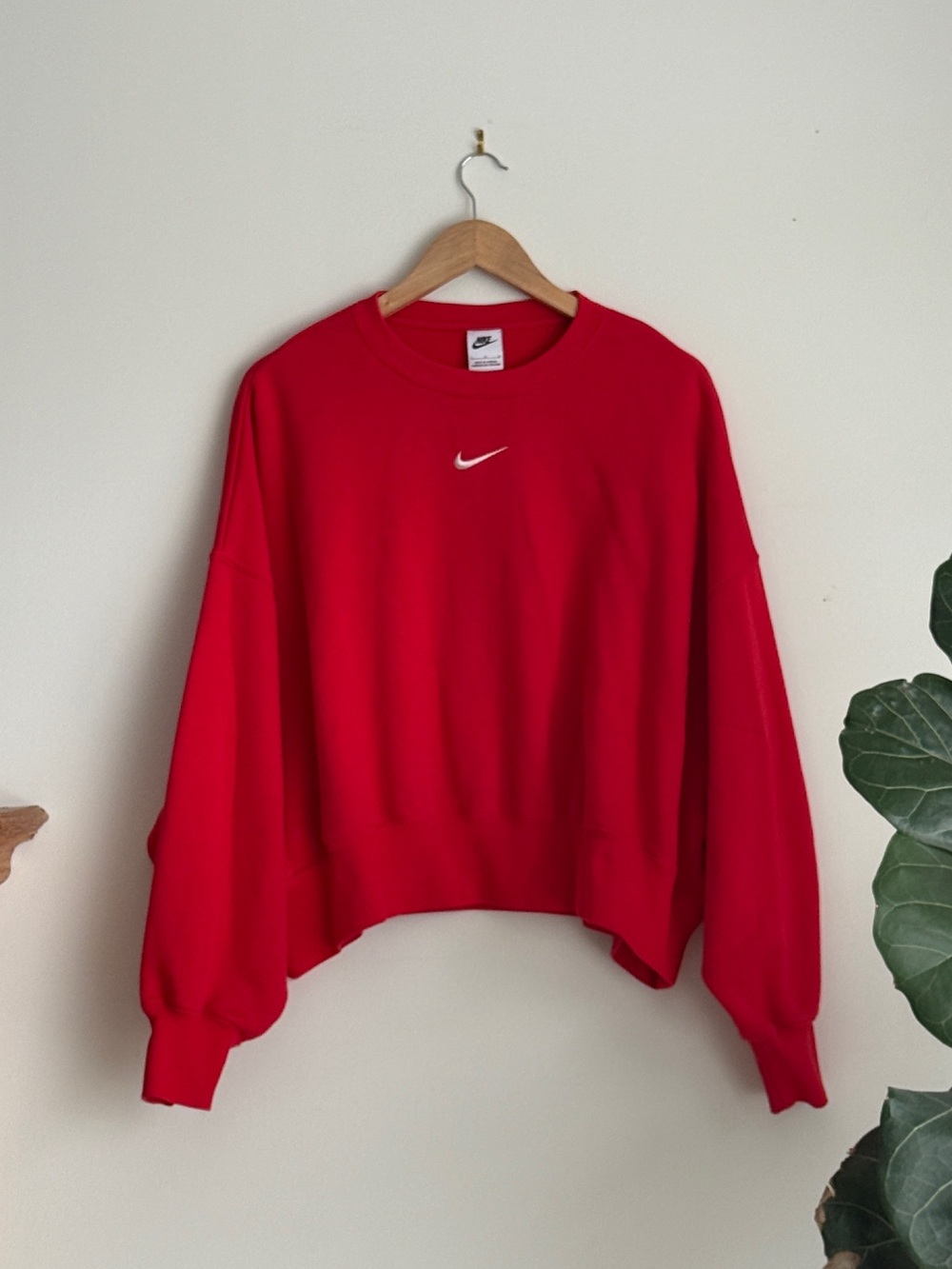 Nike Red Oversized cropped Crewneck Sweatshirt with White Swoosh